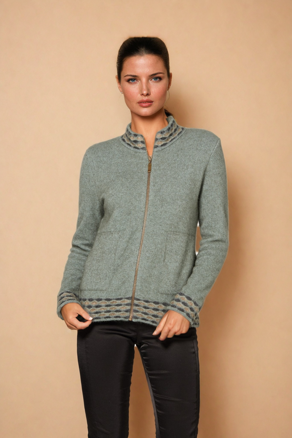 Mint Wave Trim Zip Cardigan Possum Merino