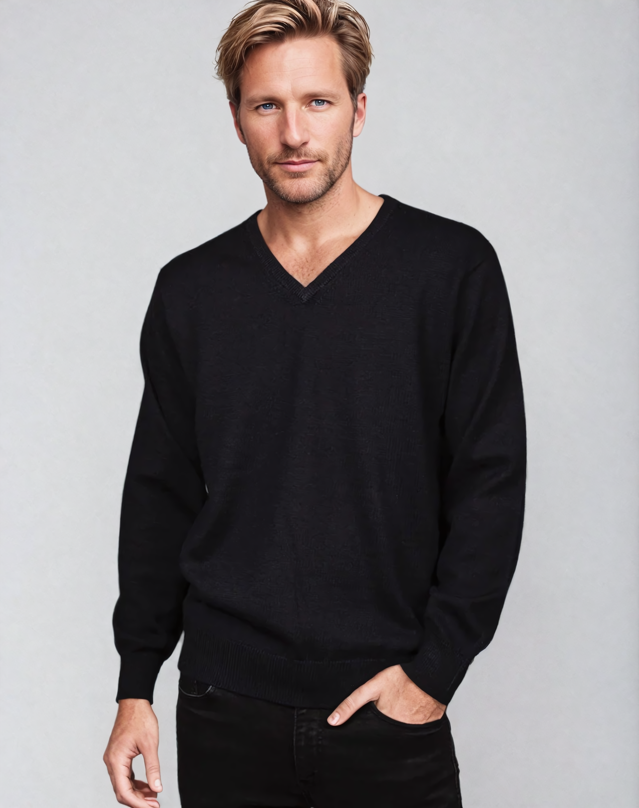 Ansett Wool Black Machine Washable V Neck Jumper