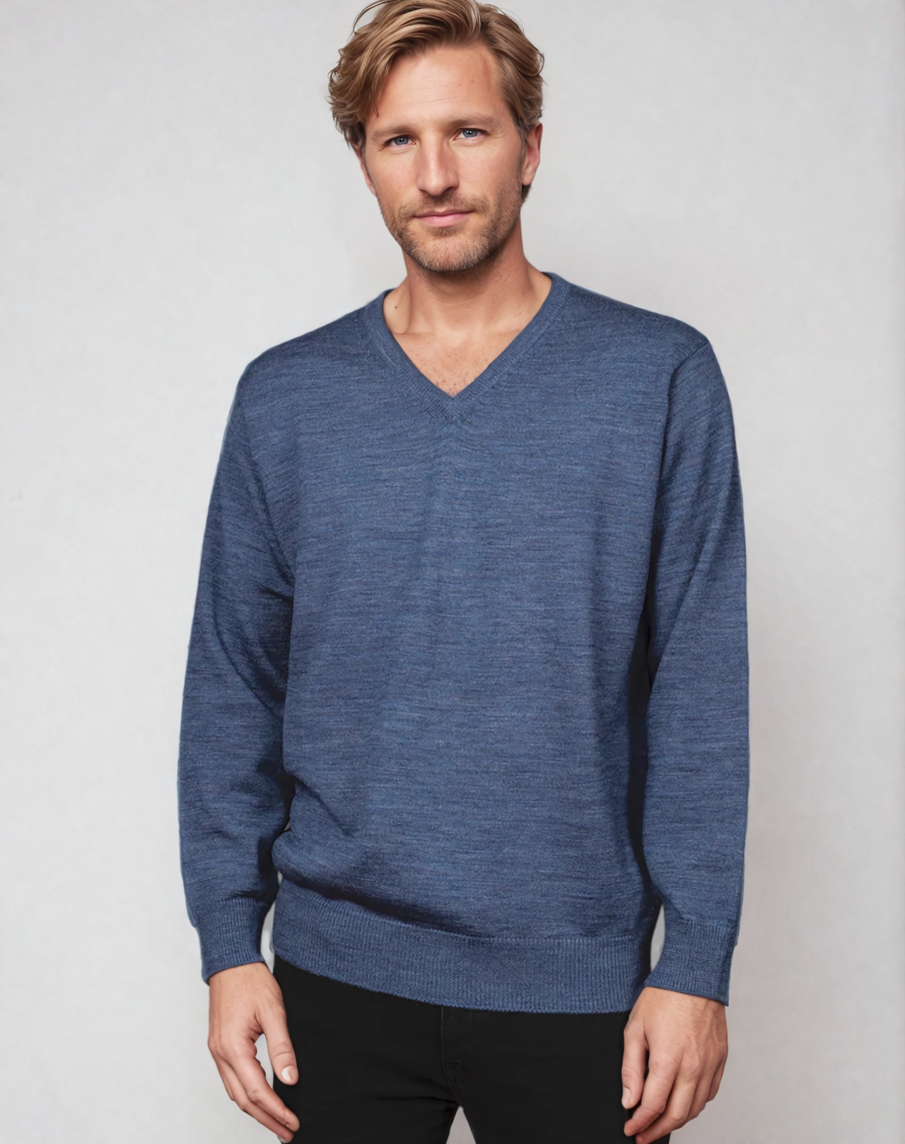 Ansett Wool Denim Blue Machine Washable V Neck Jumper