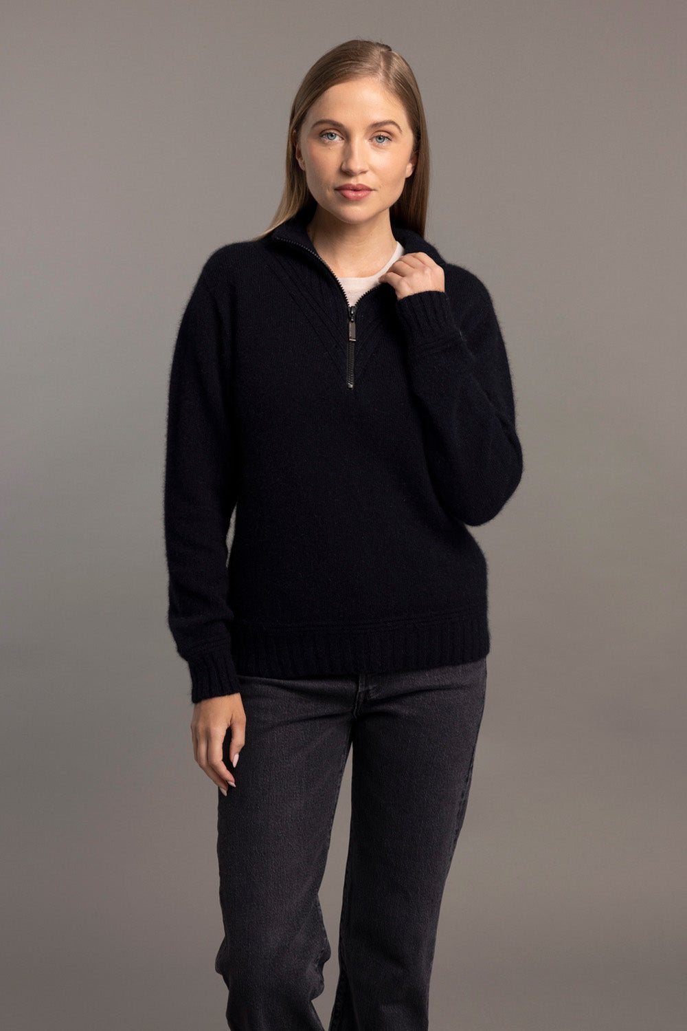 Navy Blue Possum Merino Qtr Zip Jumper