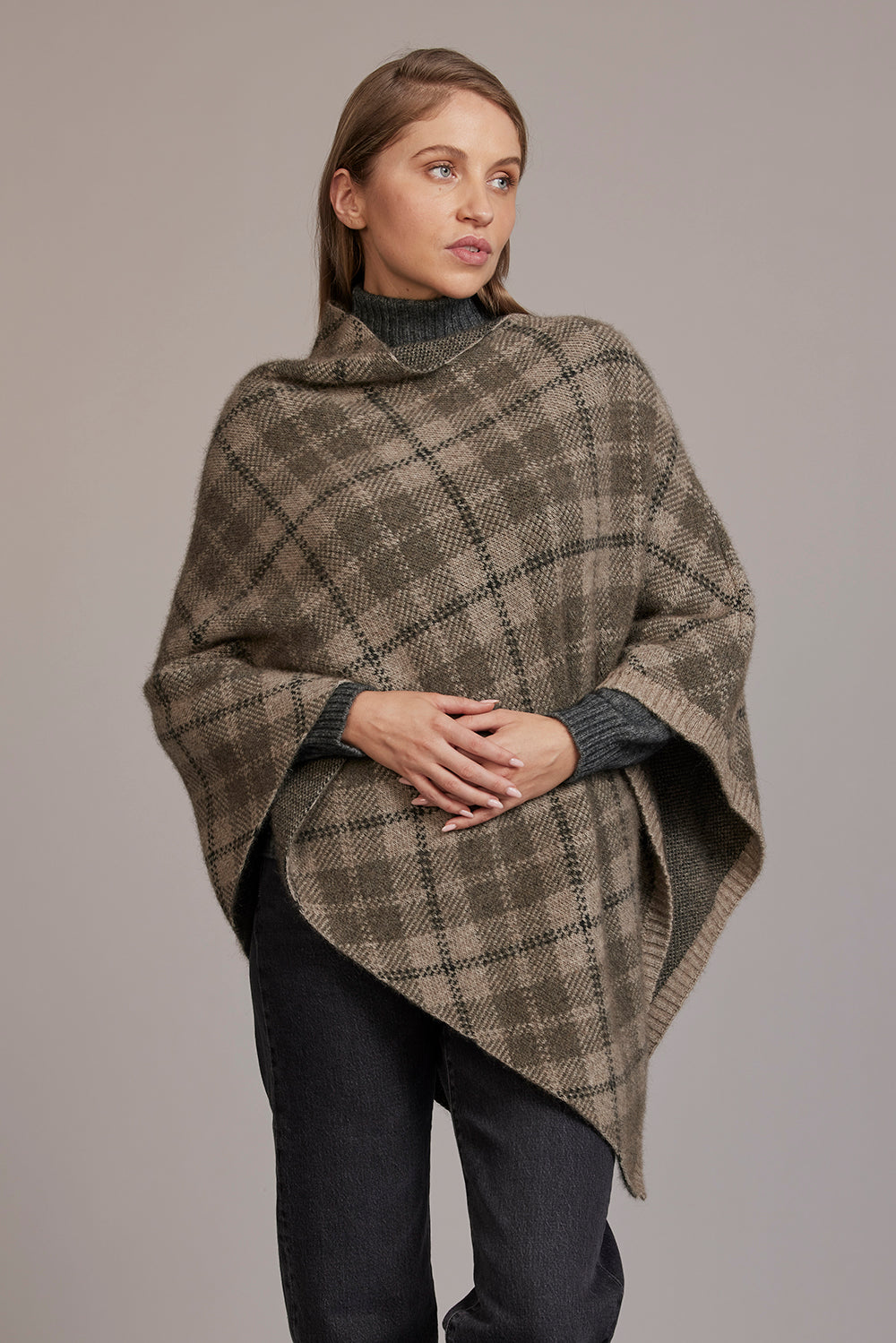 Ash Mocha Possum Merino Tartan Poncho