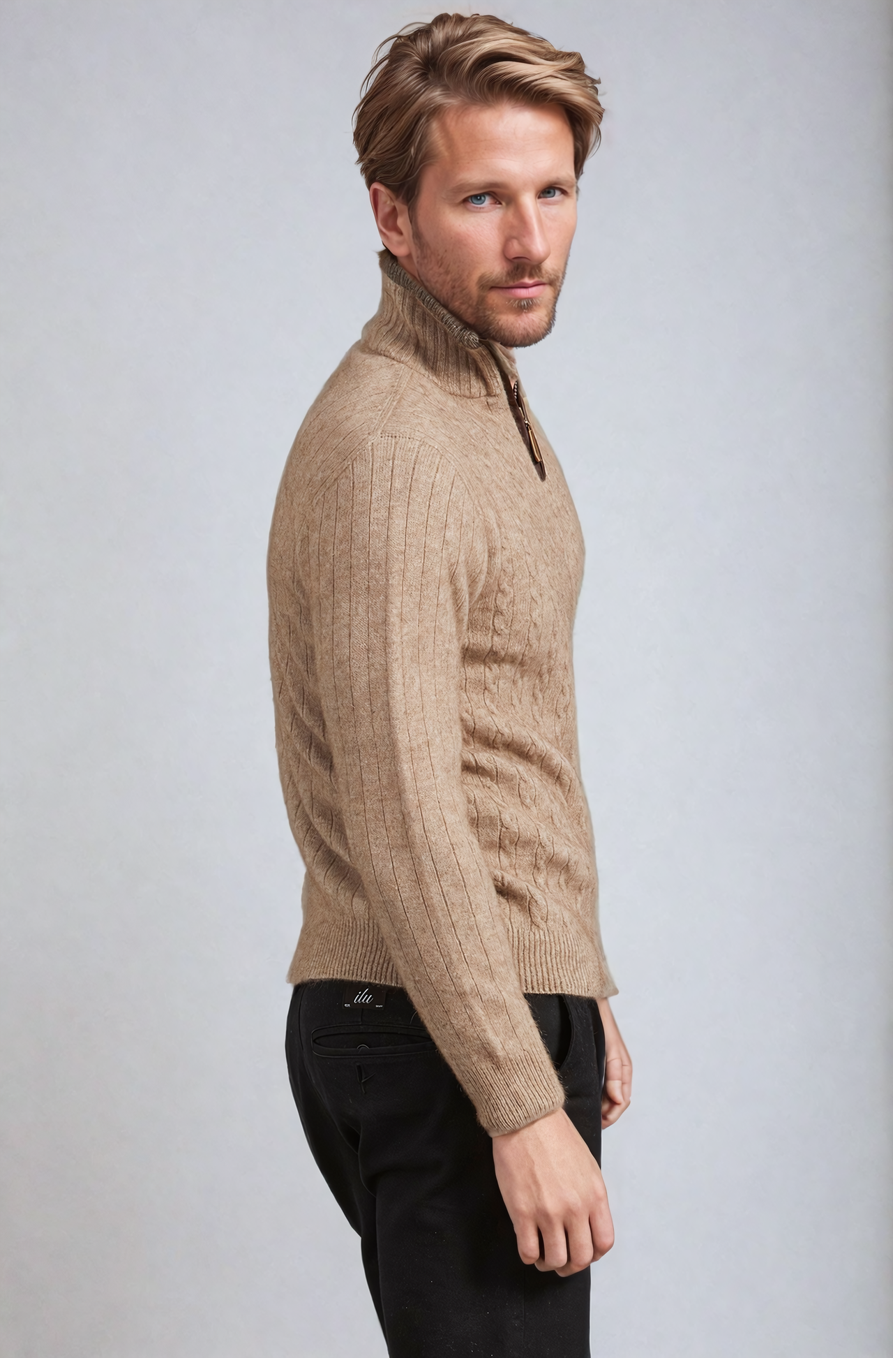 Mocha Possum Merino Half Zip Cable Jumper