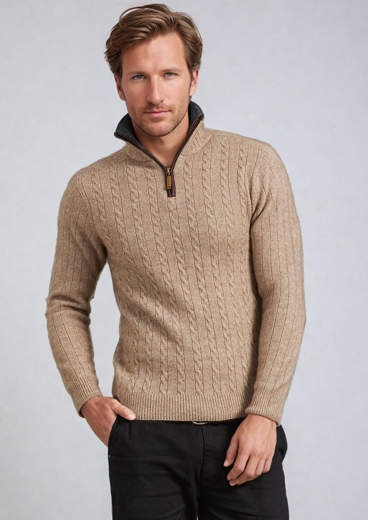 Mocha Possum Merino Half Zip Cable Jumper