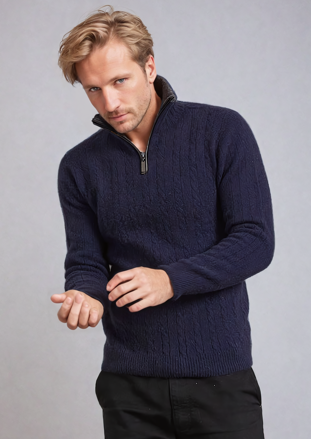 Navy Possum Merino Half Zip Cable Jumper