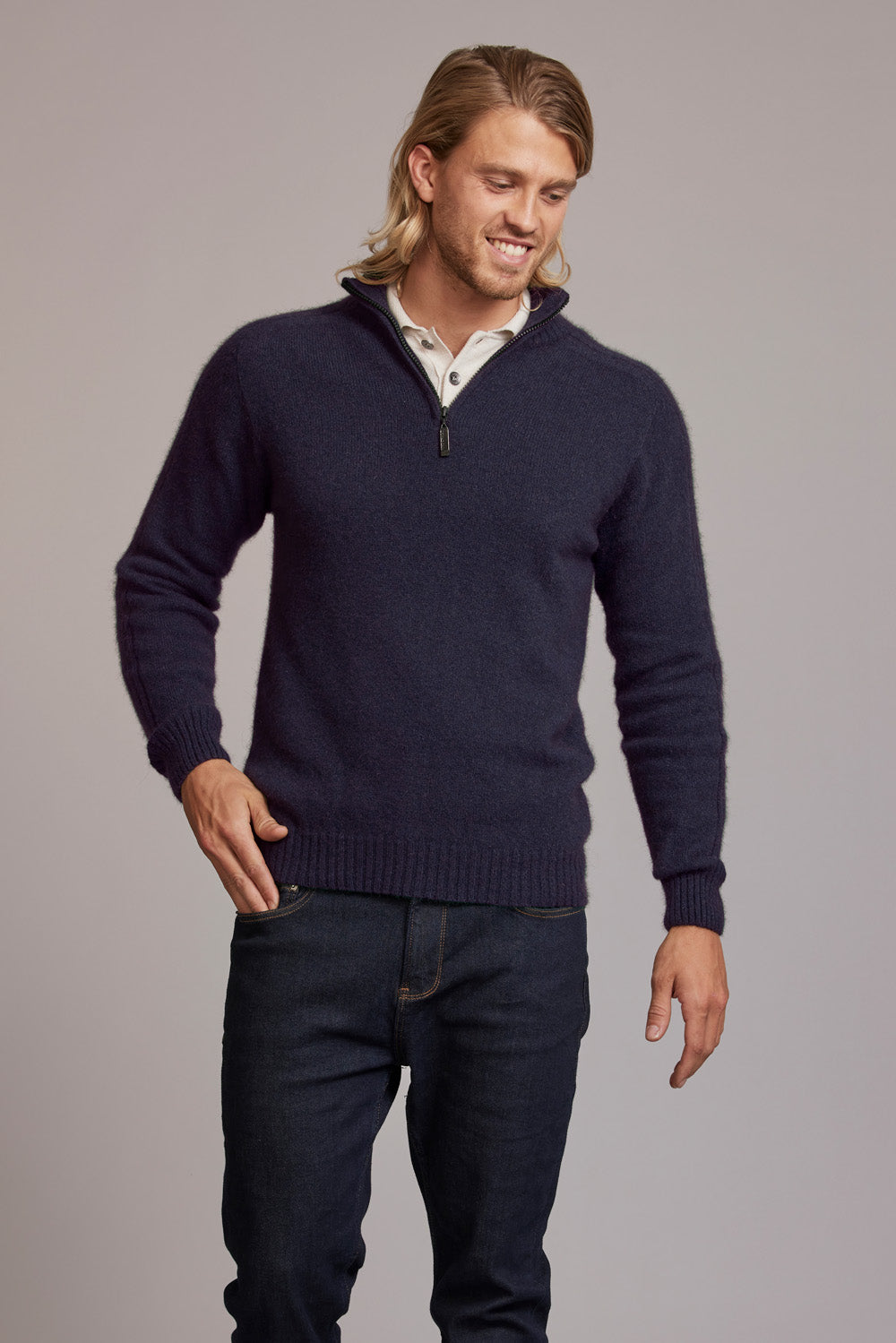 Navy Blue Short Zip Possum Merino Jumper