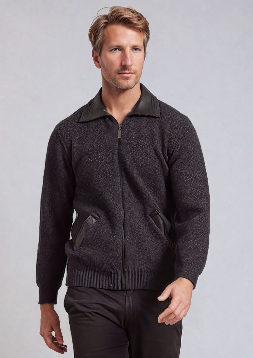 Charcoal McDonald Possum Merino Zip Jacket With Leather Trim