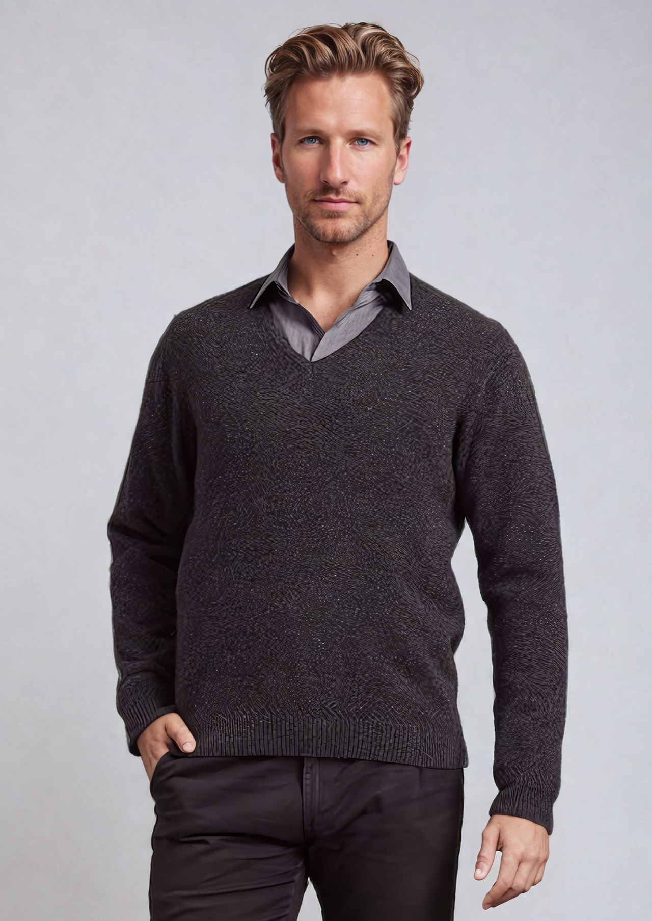 Charcoal Plain Possum Merino V Neck Jumper