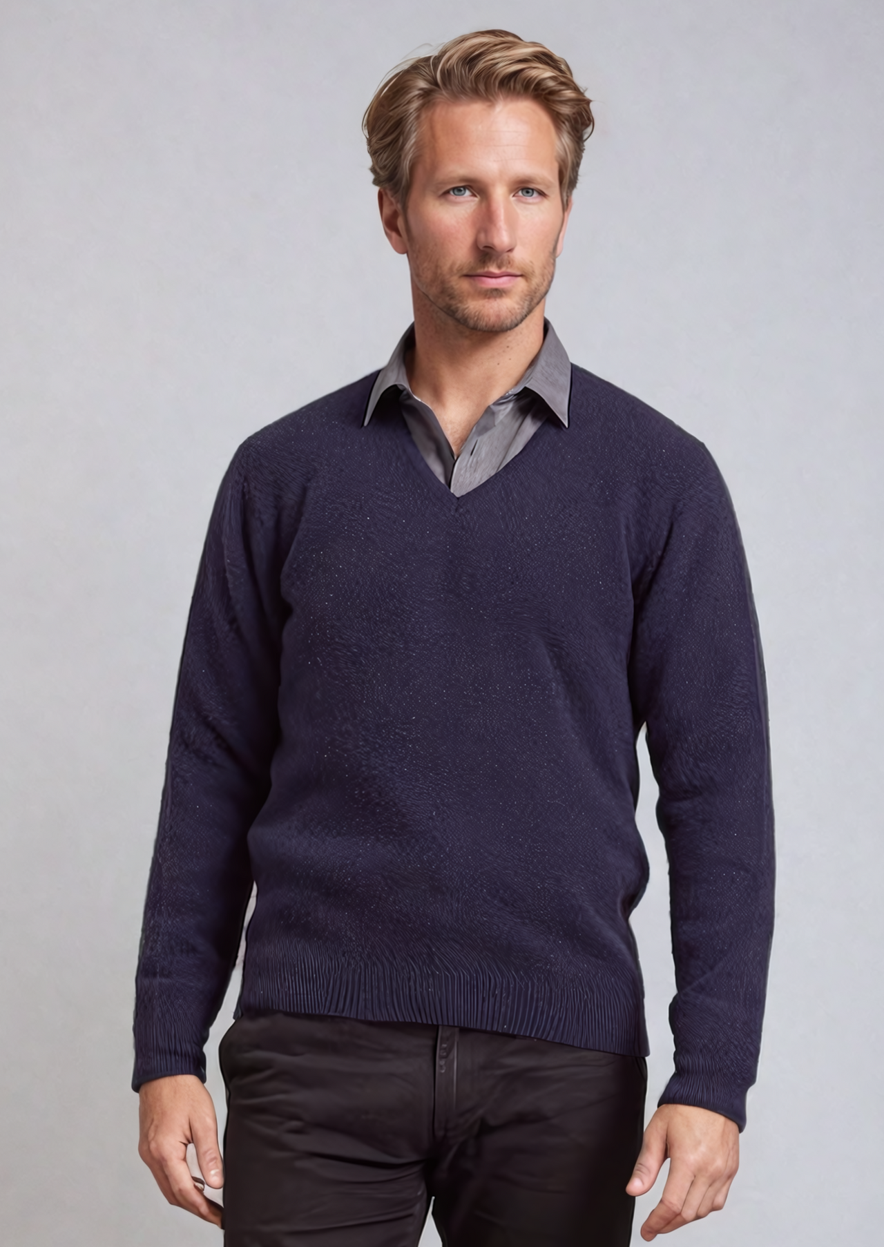 Navy Blue Plain Possum Merino V Neck Jumper