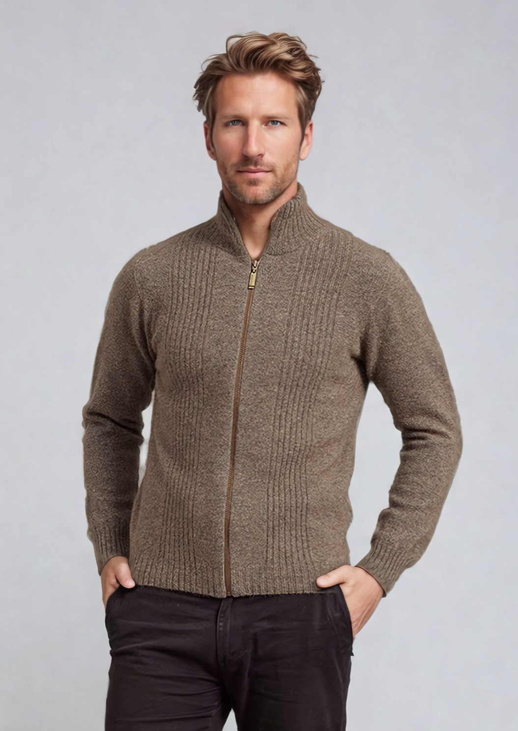 Bark Brown Possum Merino Rib Front Zip Jacket