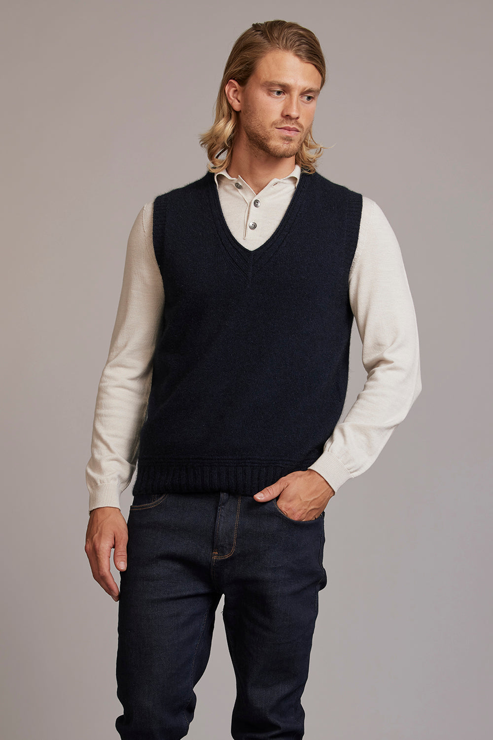 Navy Blue Possum Merino V Neck Vest