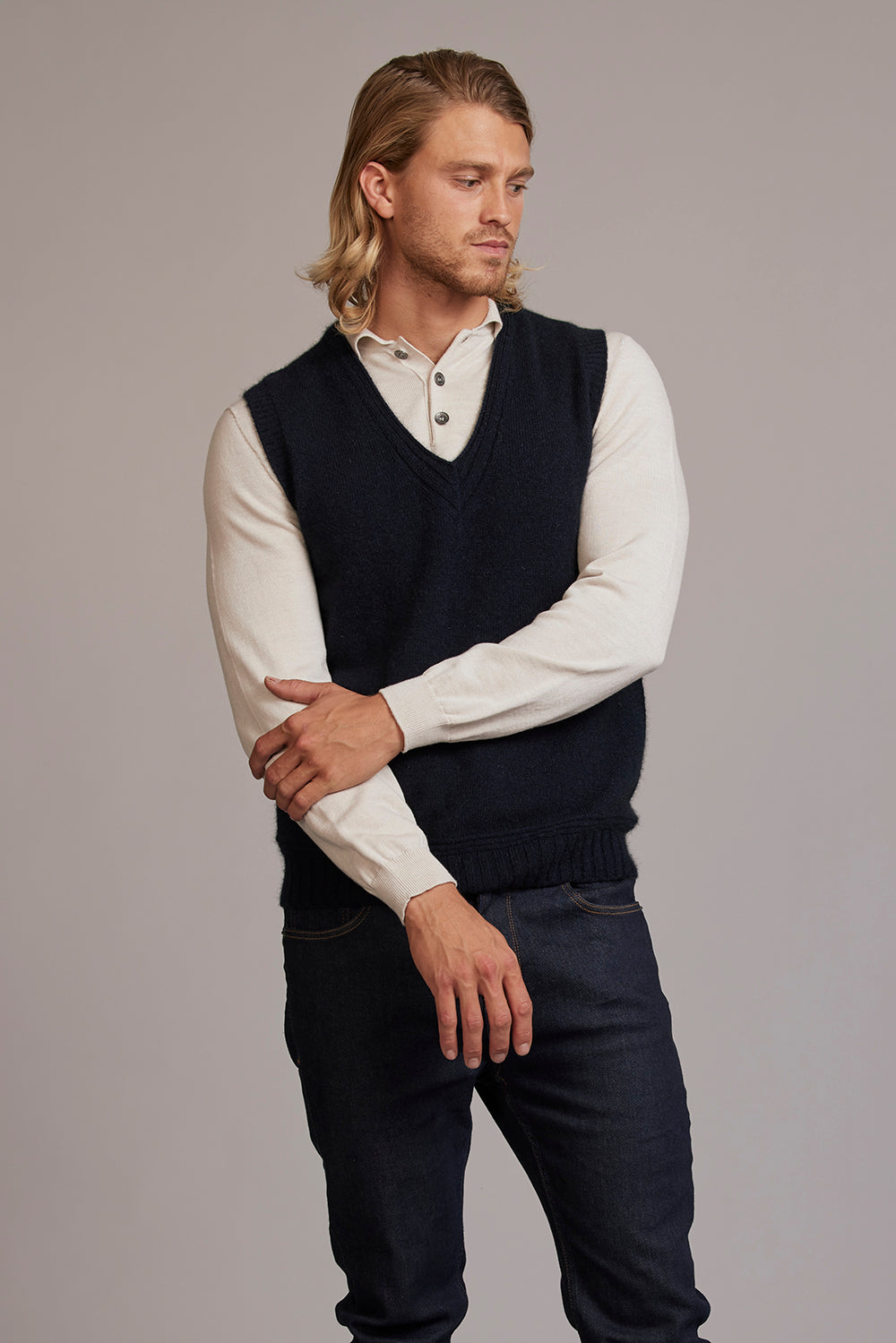 Navy Blue Possum Merino V Neck Vest