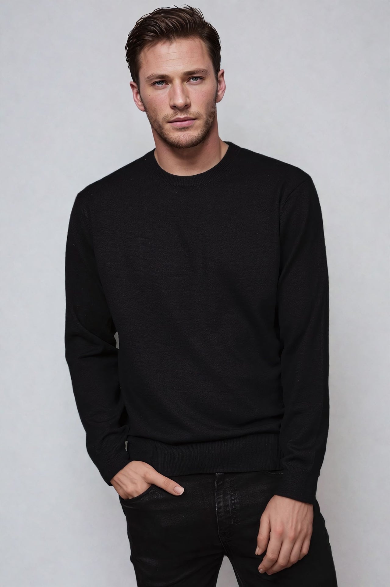 Black Fine Weight Merino Wool Crew Neck