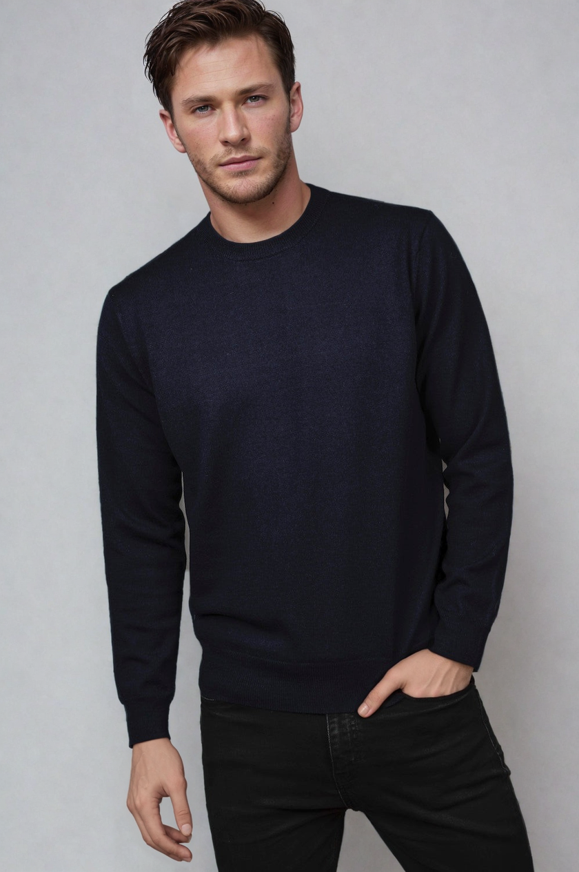 Navy Blue Fine Weight Merino Wool Crew Neck