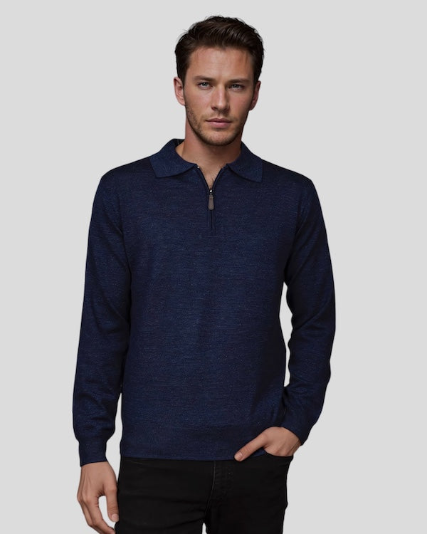 Ansett Denim Blue Half Zip Fine Merino Wool Jumper