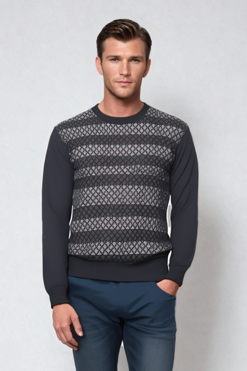 Pure Wool Ansett Patterned Crew Neck Jumper 8002 Black