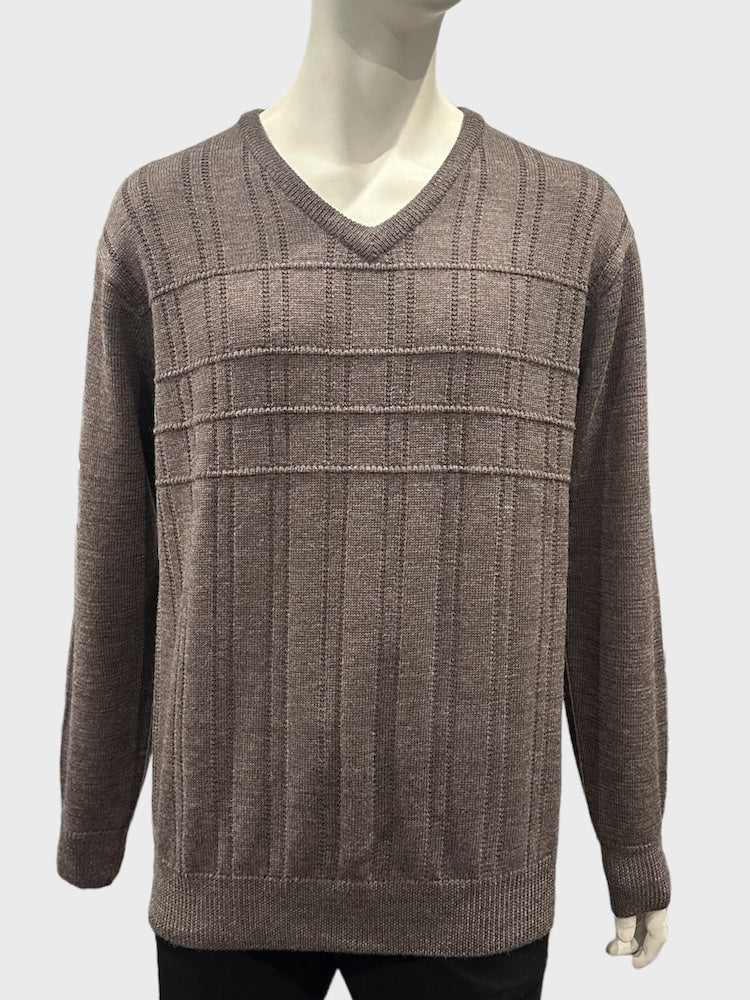 Pure Wool Ansett Patterned V Neck Jumper 8043 Date Brown