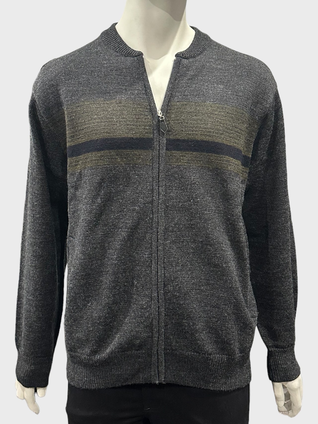 Charcoal Grey Striped Merino Wool Full Zip Jacket