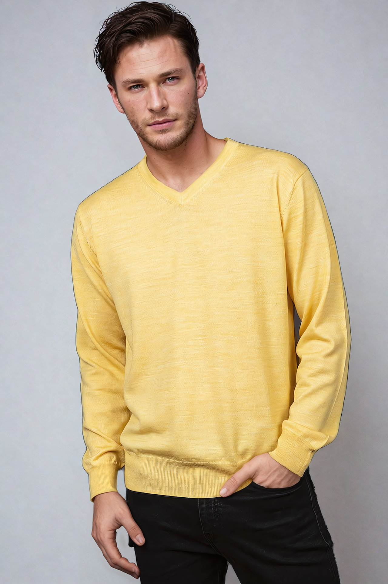 Ansett Yellow Fine Weight Merino Wool V Neck Jumper