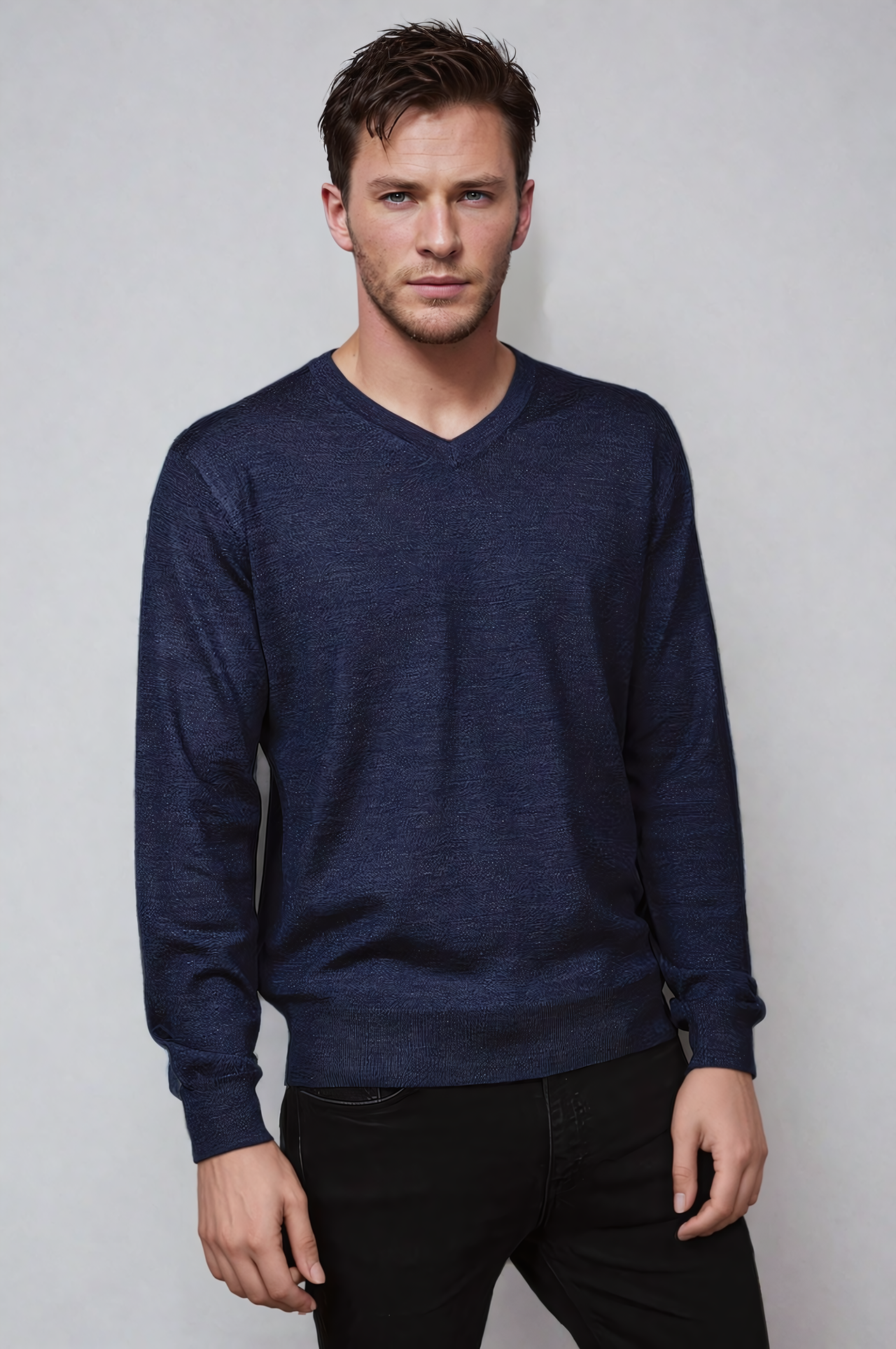 Ansett Denim Blue Fine Weight Merino Wool V Neck Jumper