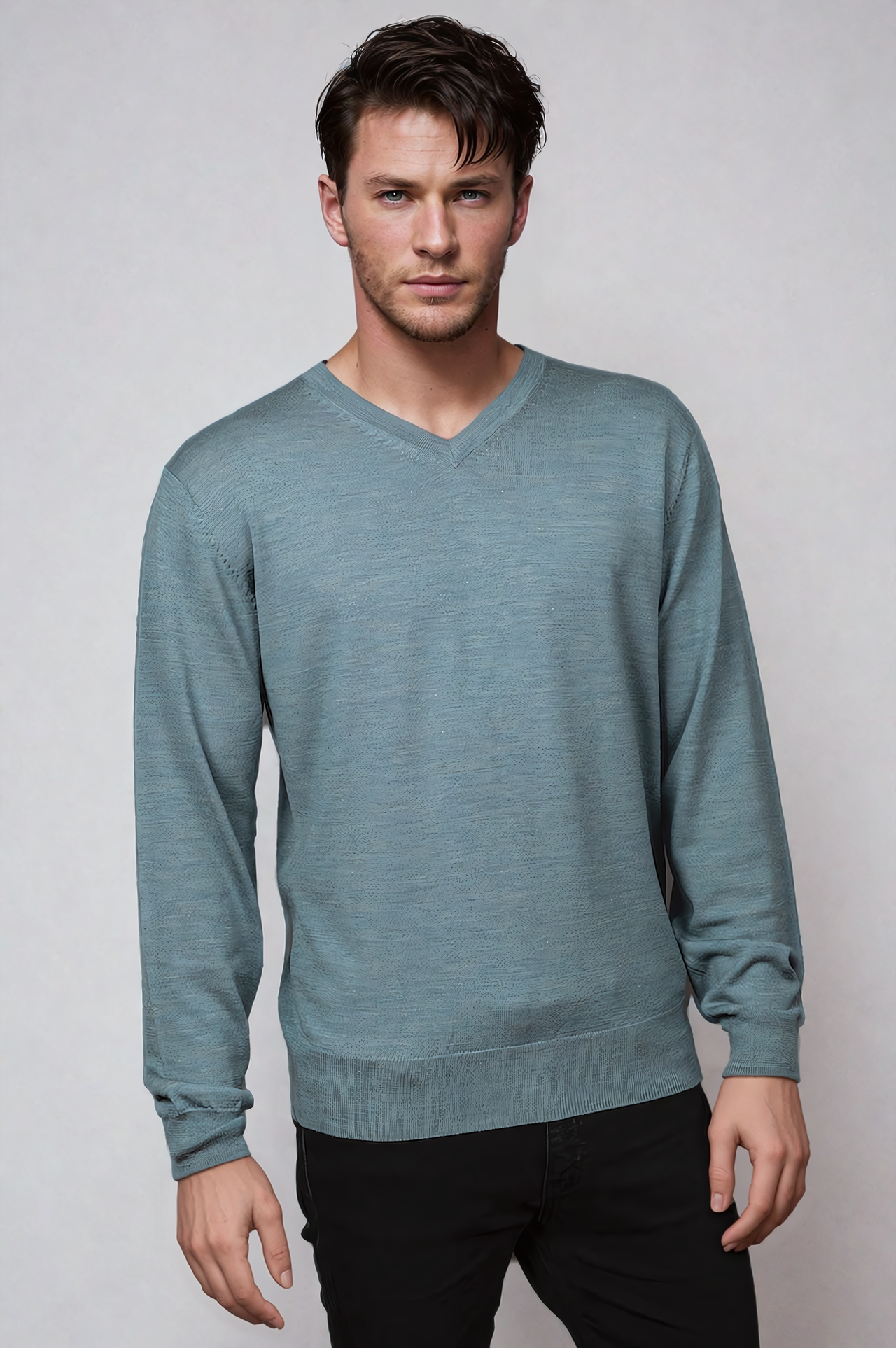 Ice Blue Fine Weight Merino Wool V Neck Jumper