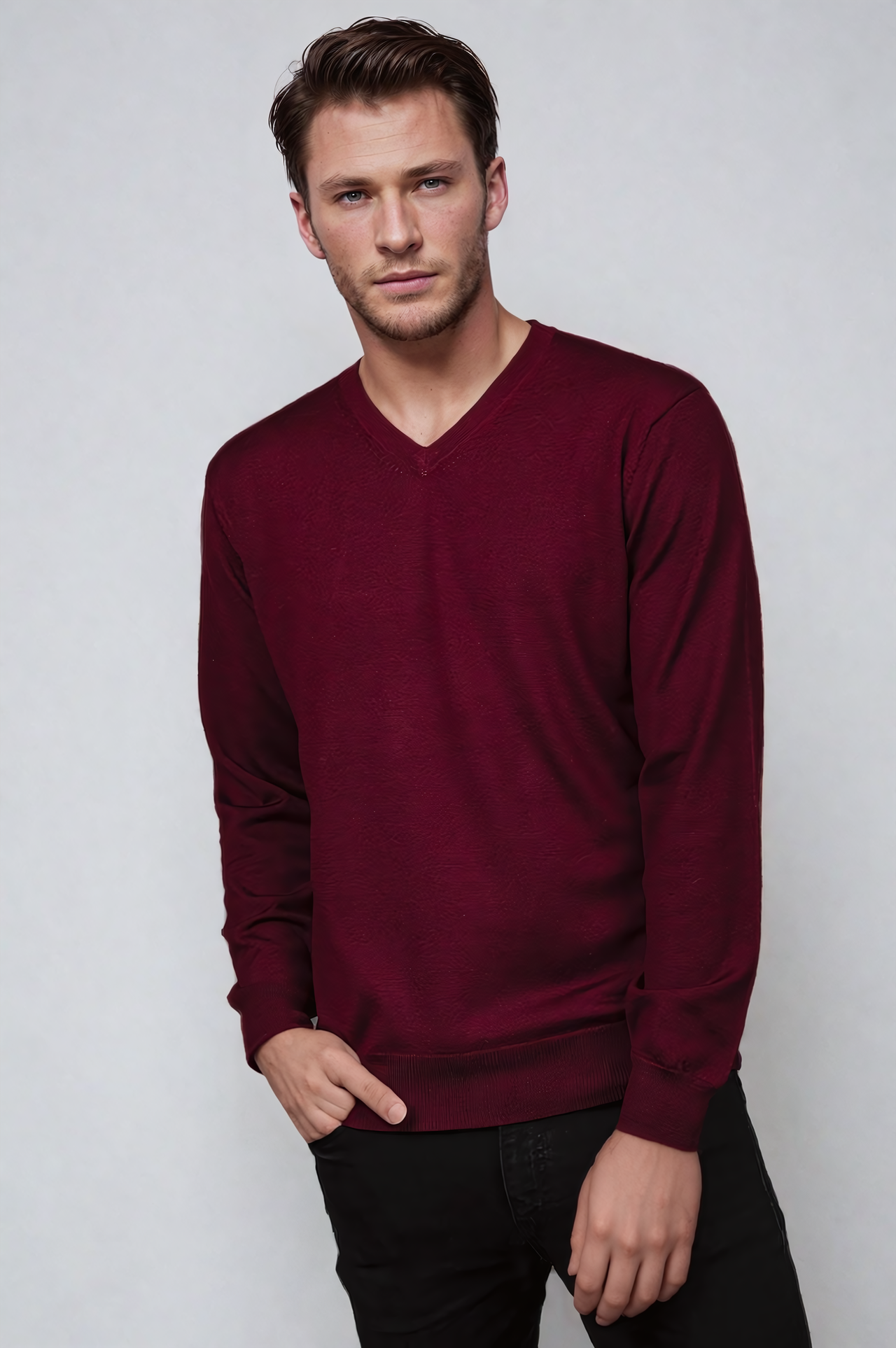 Ansett Maroon Merlot Fine Weight Merino Wool V Neck Jumper