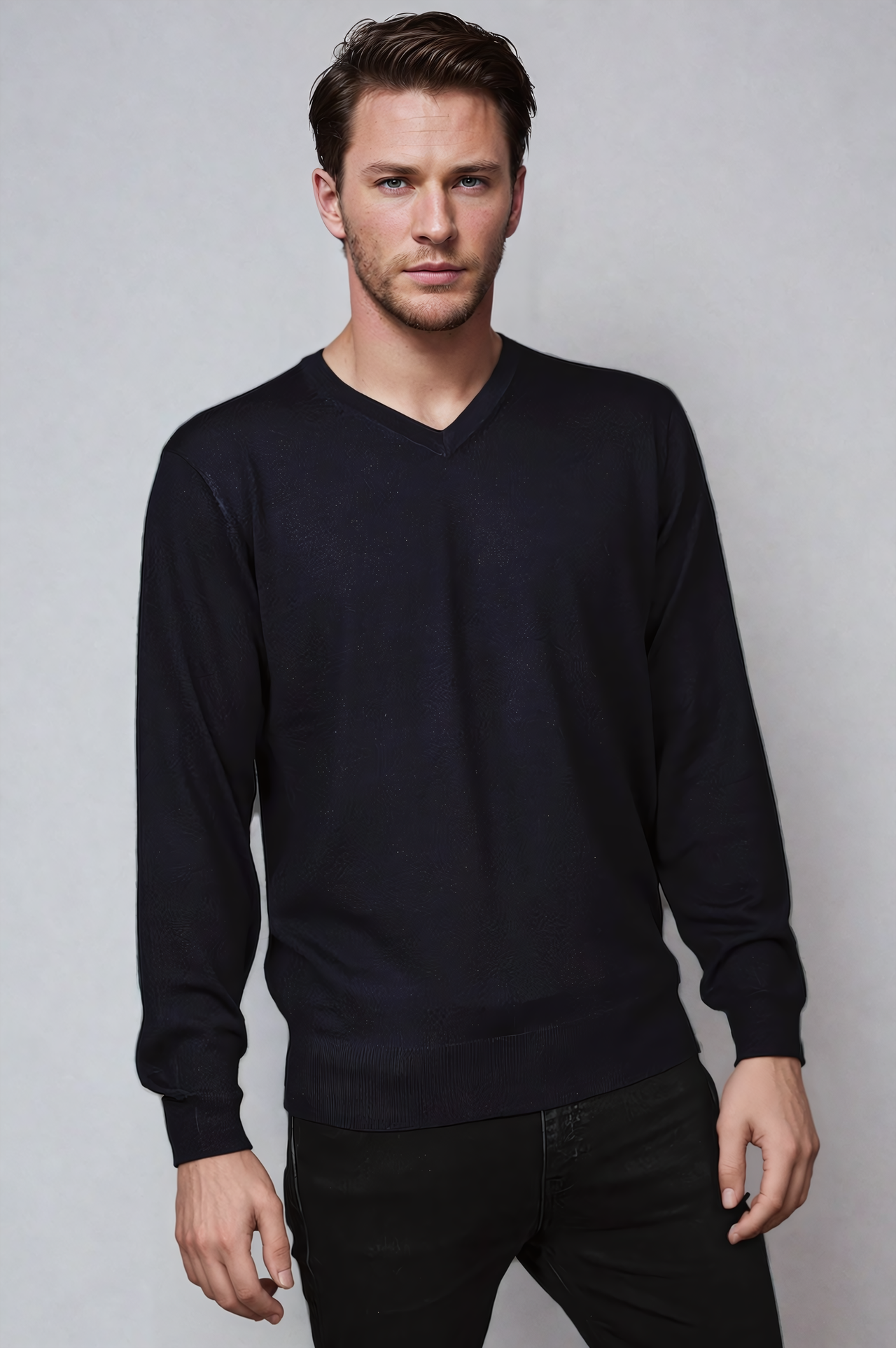 Ansett Navy Blue Fine Weight Merino Wool V Neck Jumper