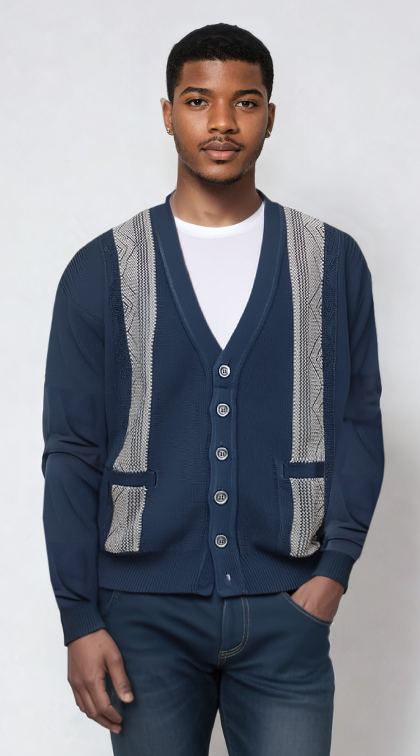 Navy Blue Pattern V Neck Cardigan - Tradewinds By Ansett