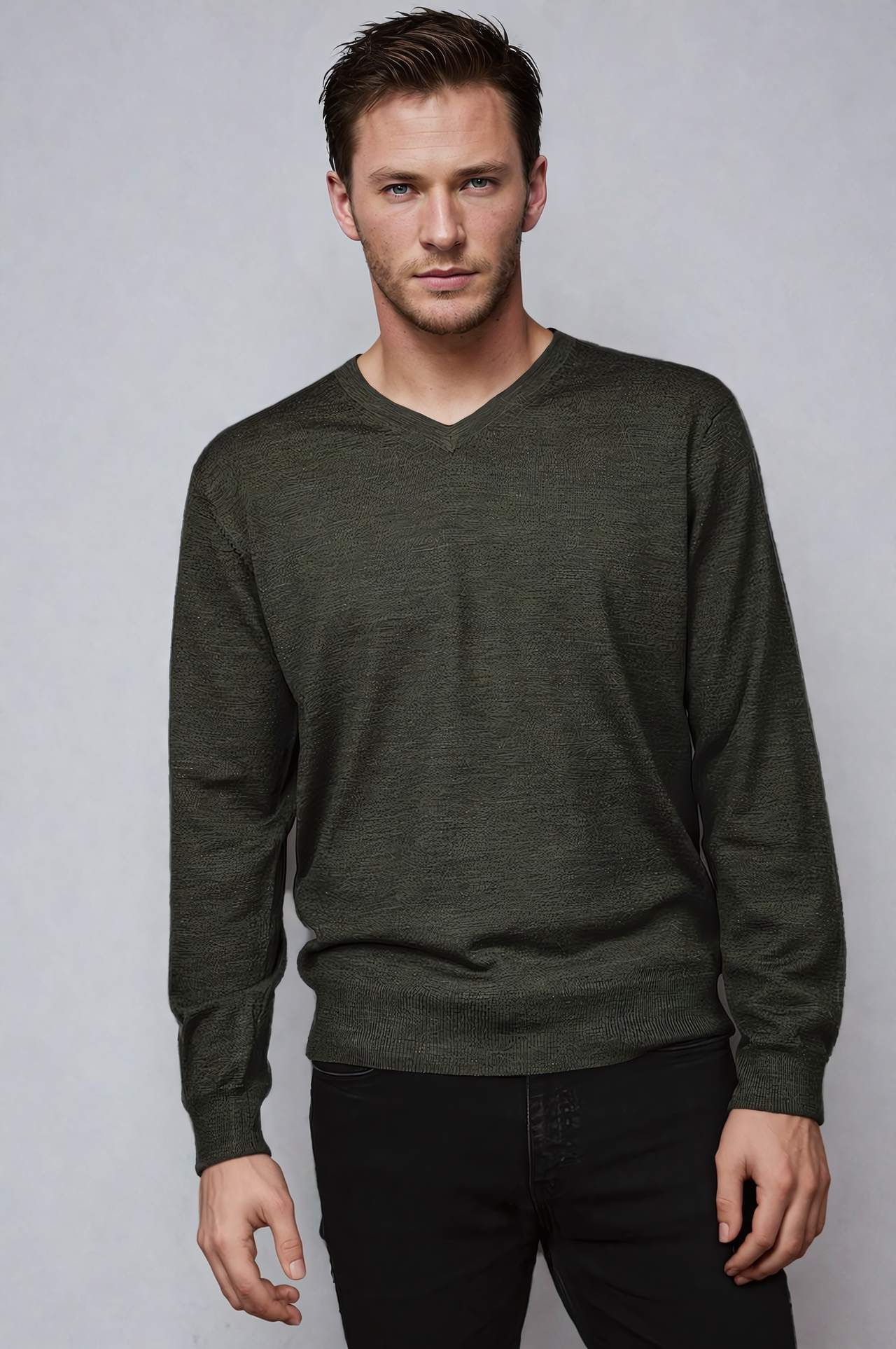 Ansett Olive Green Fine Weight Merino Wool V Neck Jumper