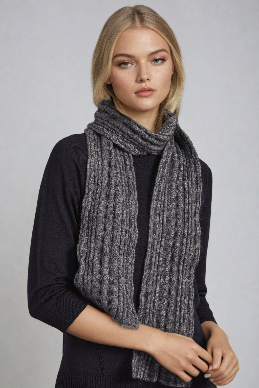 Pewter Grey Possum Merino Cable Scarf