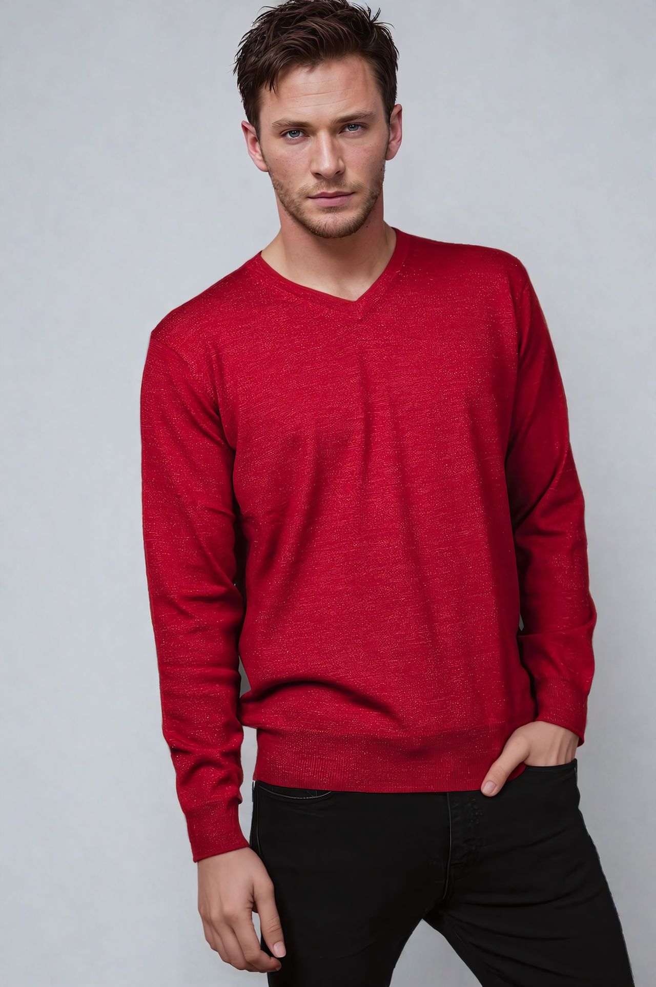 Ansett Red Fine Weight Merino Wool V Neck Jumper