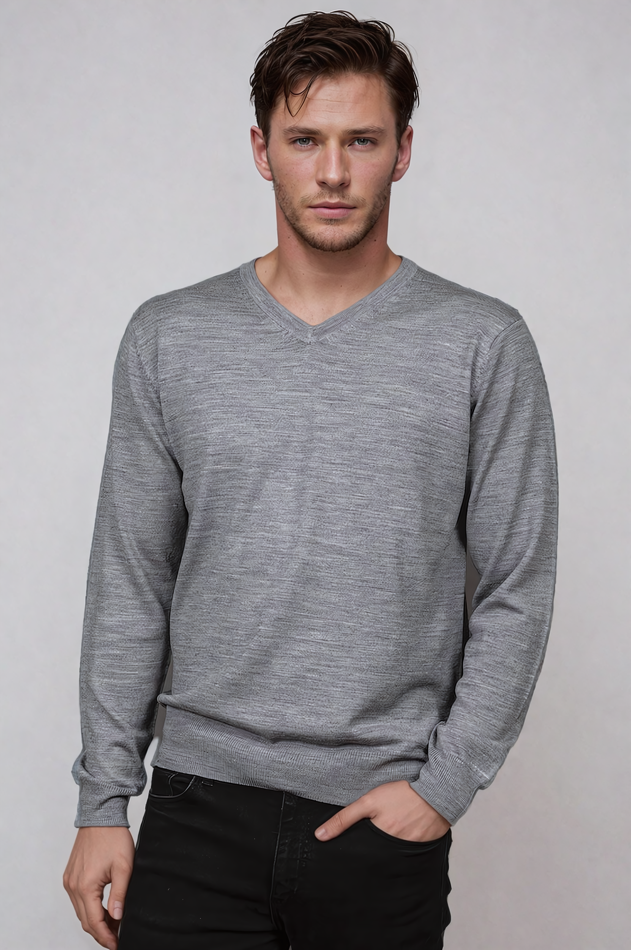 Ansett Grey Fine Weight Merino Wool V Neck Jumper