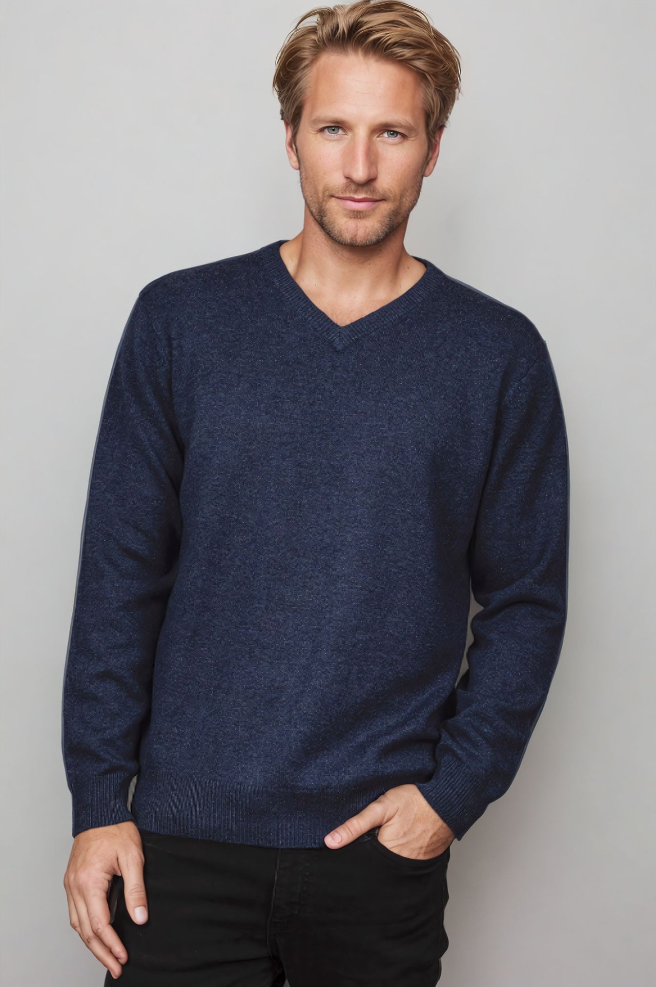 Ansett Denim Blue Cashmere Merino Wool V Neck Jumper