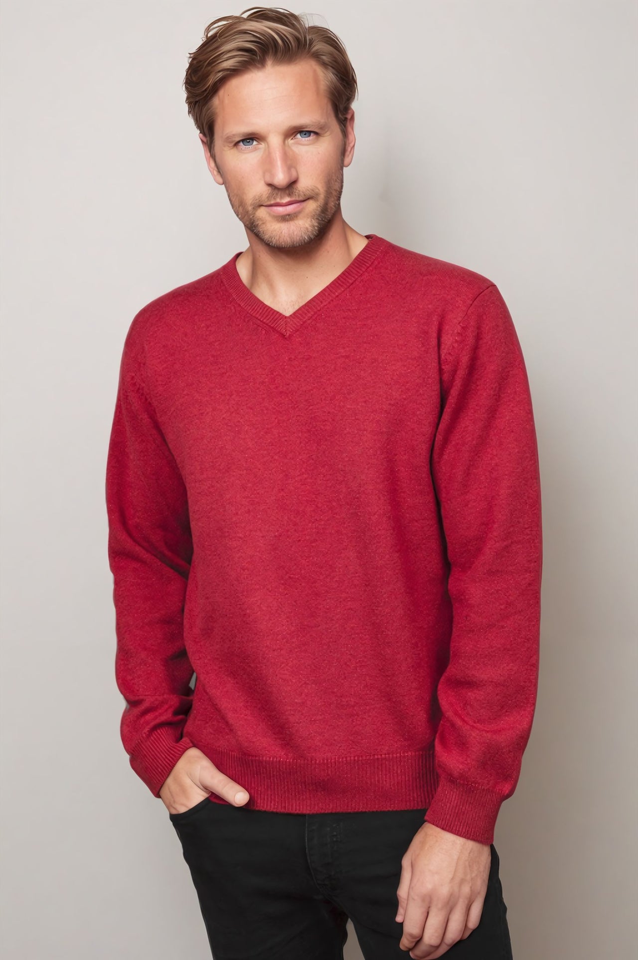 Ansett Rhubarb Red Cashmere Merino Wool V Neck Jumper