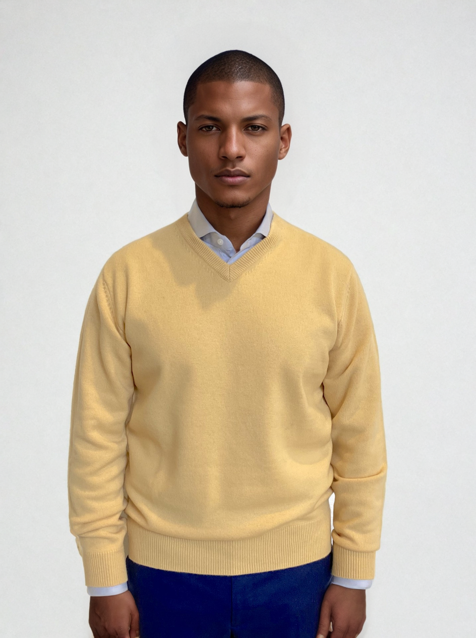 Ansett Yellow Cashmere Merino Wool V Neck Jumper