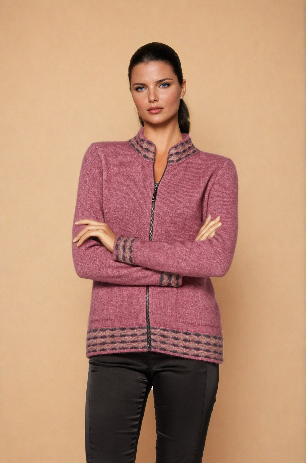 Heather Wave Trim Zip Cardigan Possum Merino