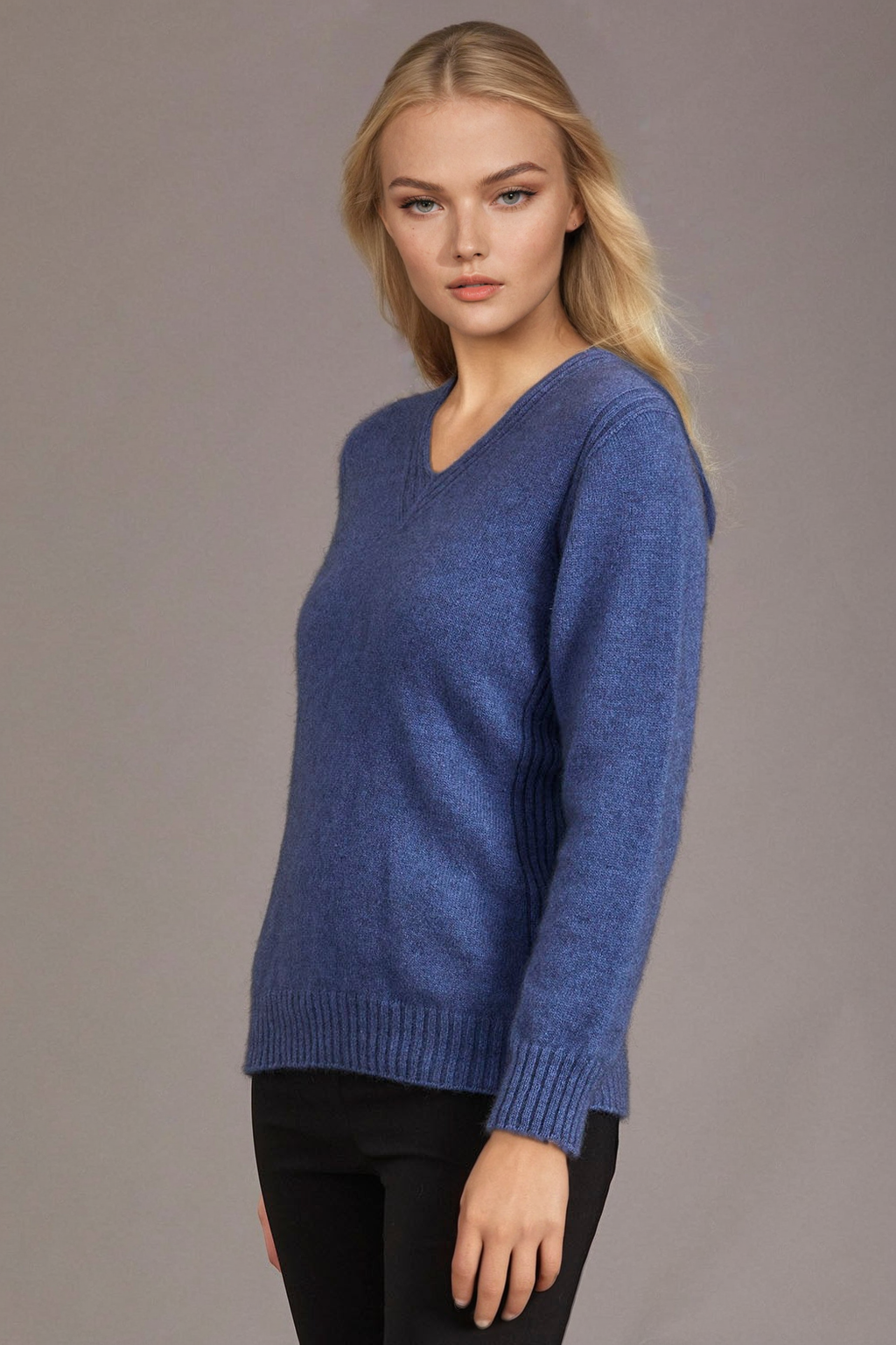 Orchid McDonald Possum Merino Rib Detail V-Neck Jumper