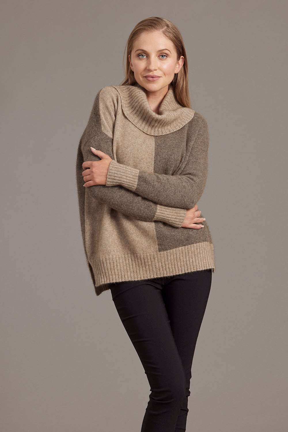 Mocha / Bark Possum Merino Two Tone Funnel Neck Jumper