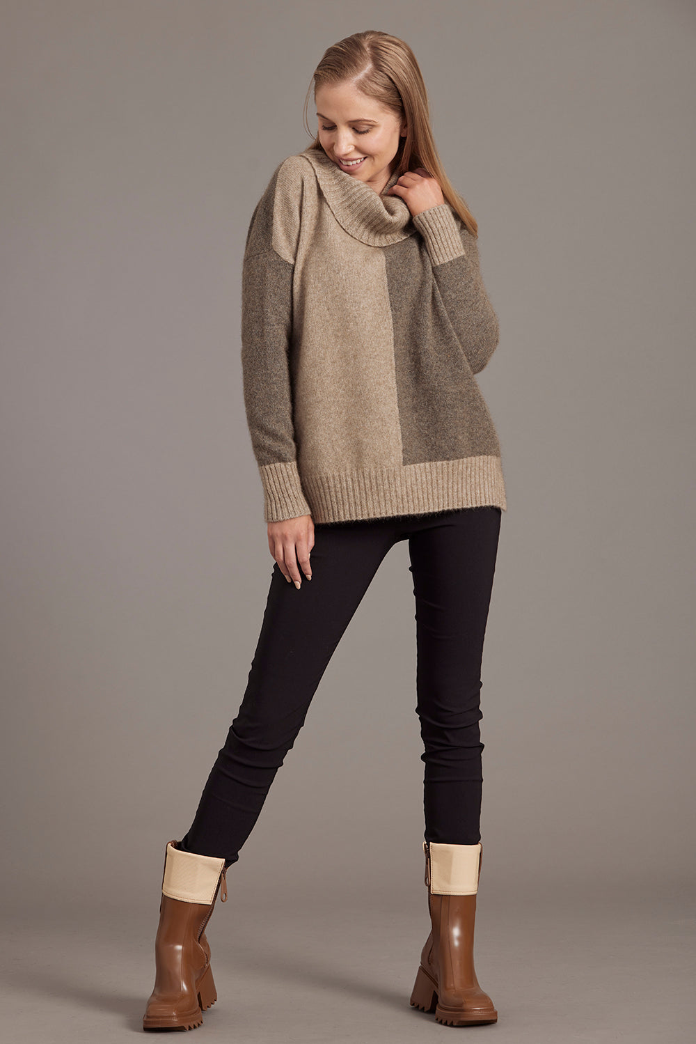 Mocha / Bark Possum Merino Two Tone Funnel Neck Jumper