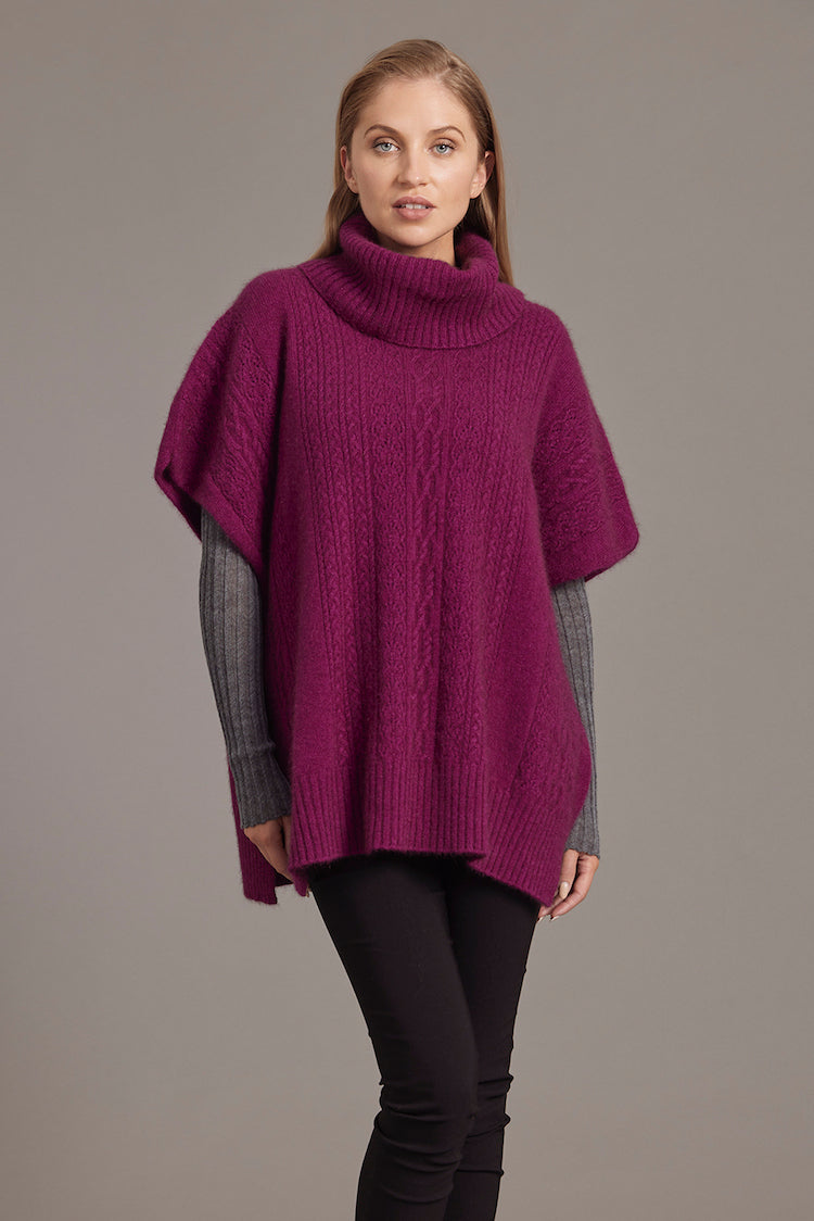 Berry Possum Merino Lace Detail Poncho