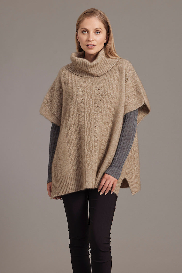 Mocha Possum Merino Lace Detail Poncho