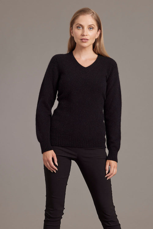 Black McDonald Possum Merino Rib Detail V-Neck Jumper