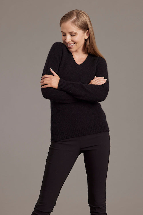 Black McDonald Possum Merino Rib Detail V-Neck Jumper