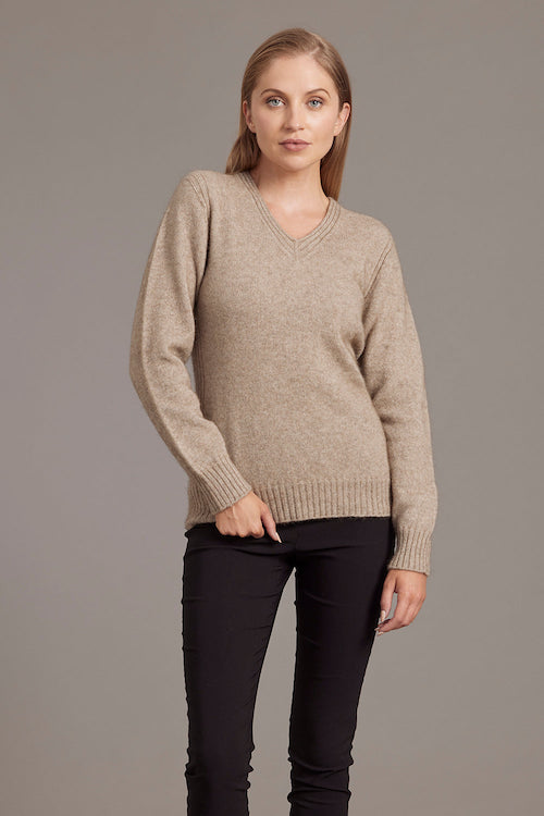 Mocha McDonald Possum Merino Rib Detail V-Neck Jumper