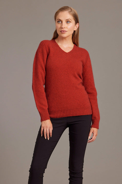 Red Rib Detail V-Neck Jumper