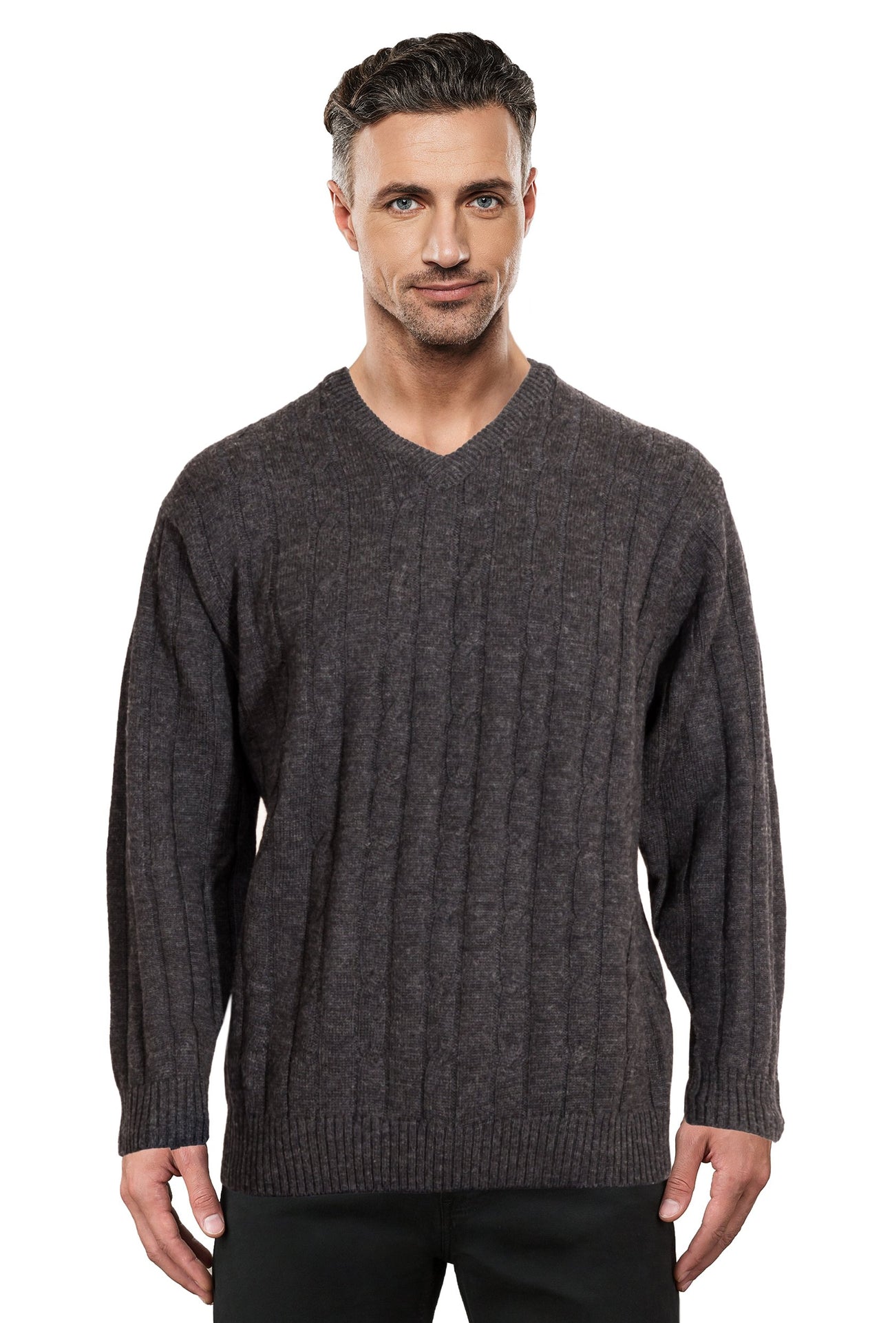 Charcoal Cable V Neck Jumper Ansett Plain Knitwear