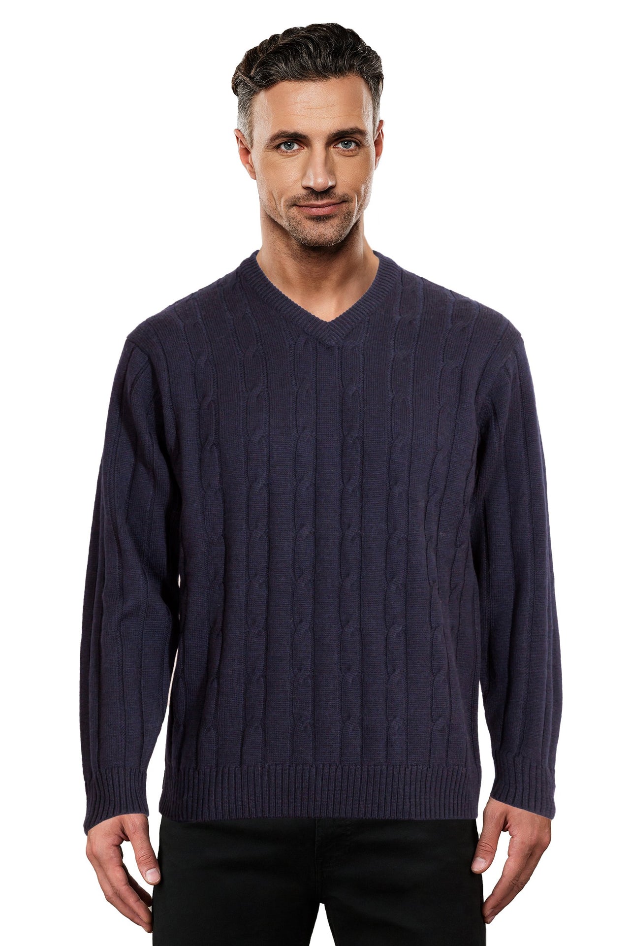 Navy Cable V Neck Jumper Ansett Plain Knitwear