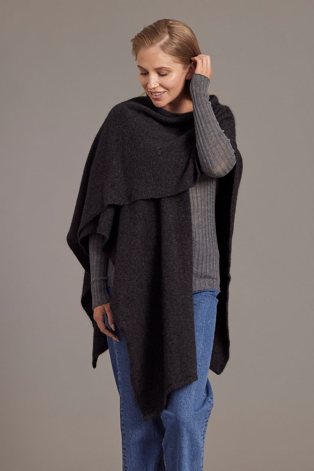 Charcoal McDonald Possum Merino Split Front Cape Wrap